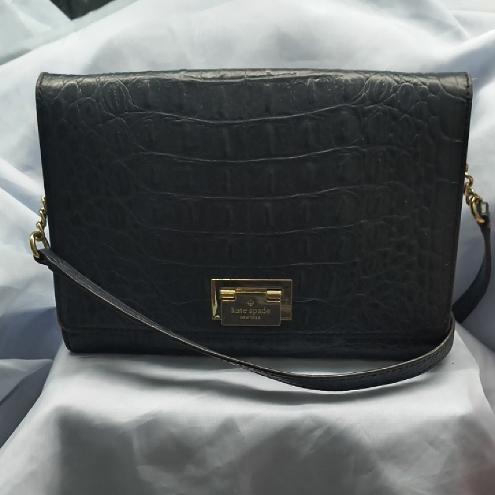 Kate Spade Black Croc-Embossed Shoulder Bag with Gold Accents
